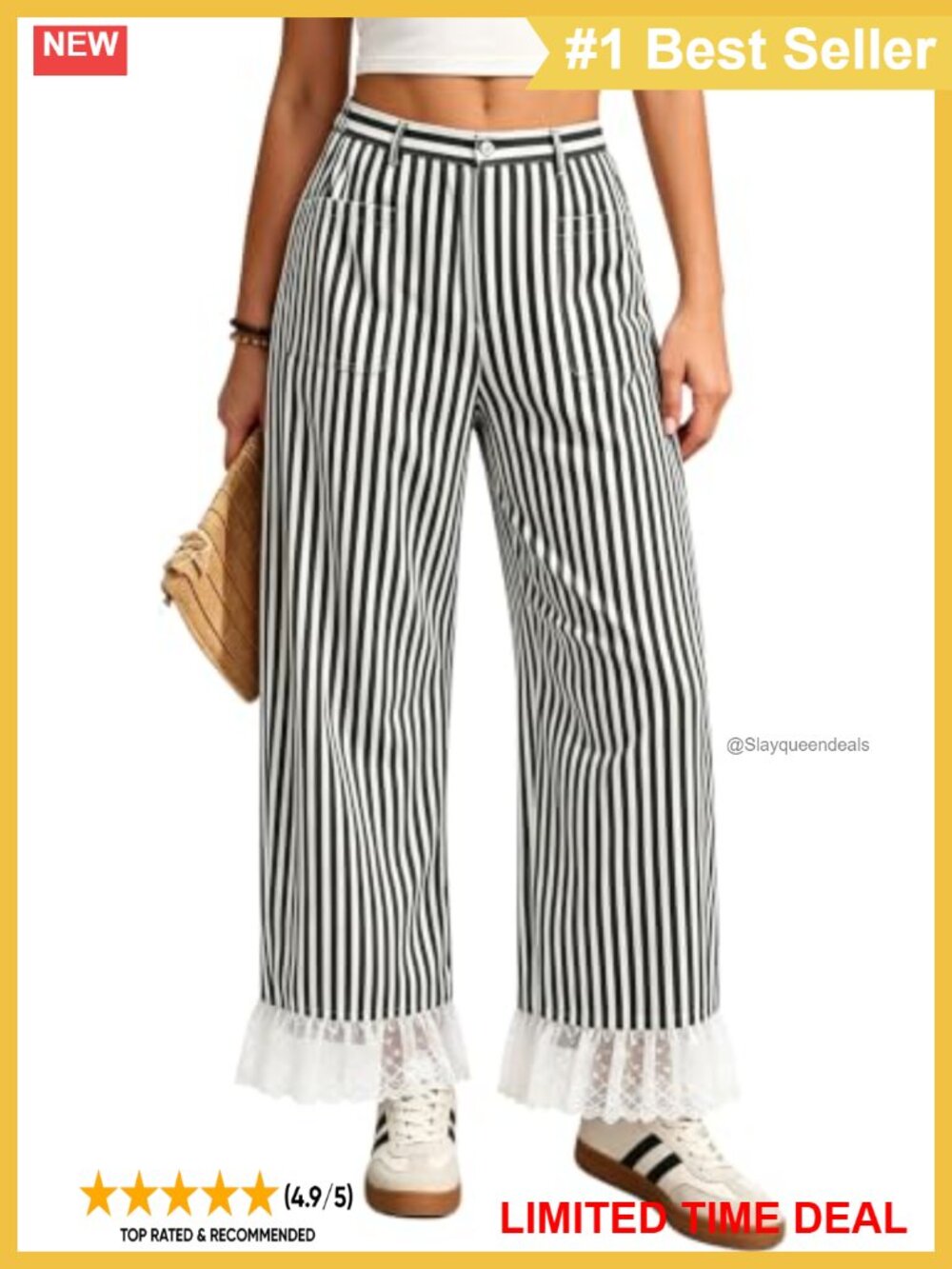 Wide Leg Palazzo Pants Striped Lace Hem Pull On Pockets Rayon Blend